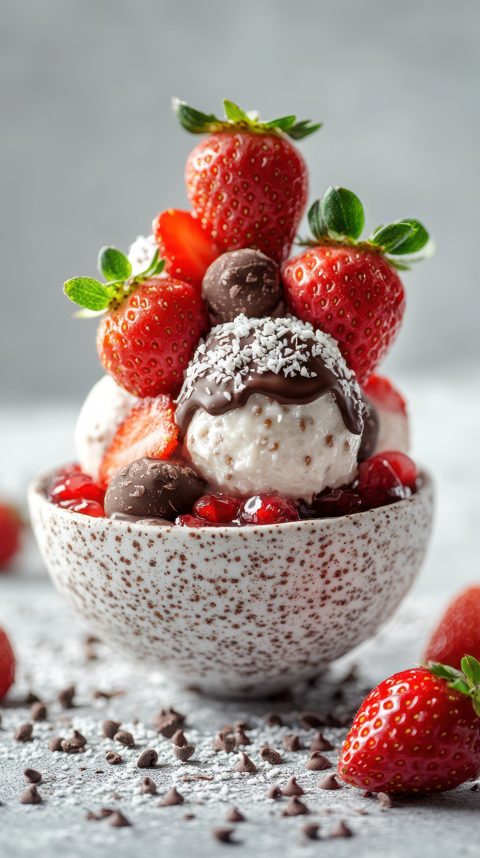 Delicious dessert featuring layers of ice cream topped with strawberries and chocolate sauce in a beautiful bowl